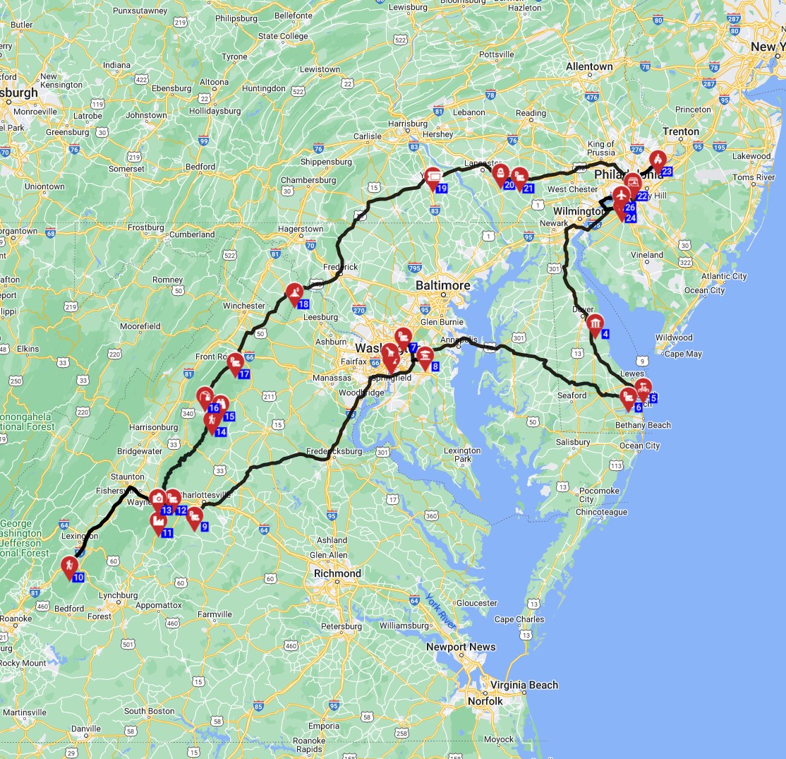 Map for Philadelphia Roundtrip including Shenandoah National Park and a taste of Pennsylvania
